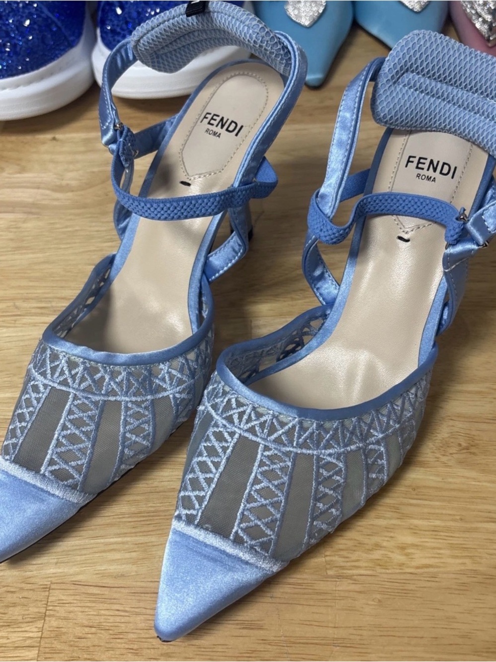 Fendi Blue Leather and Mesh Colibri Lite Slingback Pumps Size 38